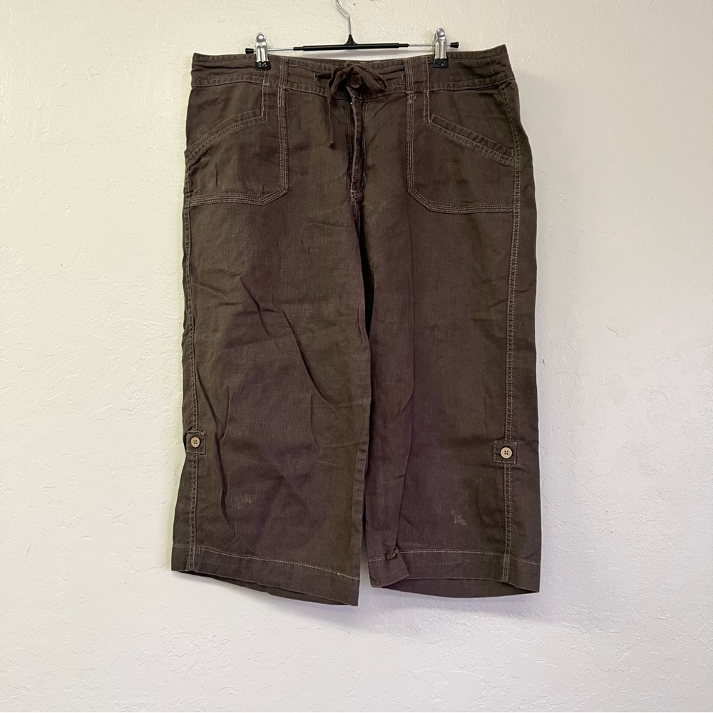 Nine West Jeans Faded Brown Button Drawstring Utility Capris Sz‎ 14 GUC